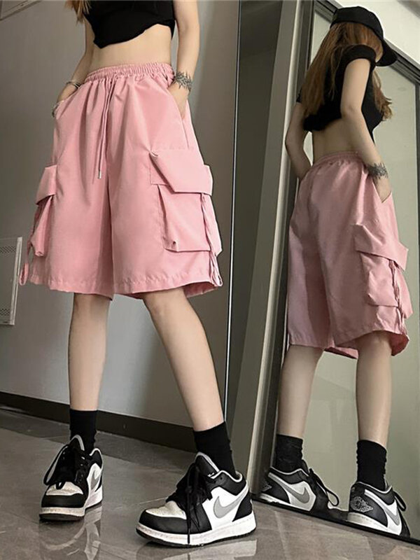 Zoki Streetwear Hip Hop Cargo Shorts Women Vintage Harajuku High Waist Y2K Short Pants Casual Korean Pockets Bf Shorts Summer