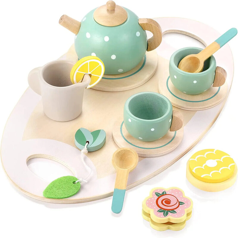 Kids Tea Party Tableware Wooden Handiccraft Toy Kitchen Pretend Play Set for Toddlers Birthday Gift Favors Kitchen Toys Gift