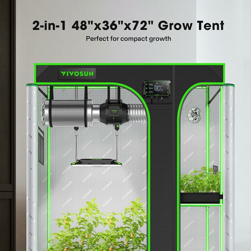 VIVOSUN-High Reflective Mylar Grow Tent, Hidropônico Interior, Multi-Câmara e Bandeja de Piso, D436, 2 em 1, 4x3, 48x36x72 em