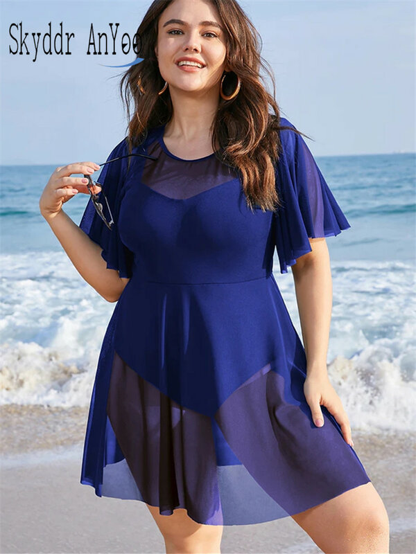 Um pedaço barriga controle Swimwear vestido feminino, plus size, patchwork de malha sólida, plissado manga, cobrir vestido de natação, maiô gordinho