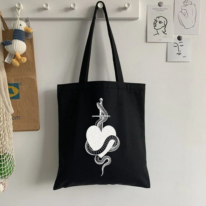Винтажная Холщовая Сумка для покупок с принтом паука, женская сумка, темная сумка-шоппер в виде змеи, повседневные сумки-тоут для женщин, диз...
