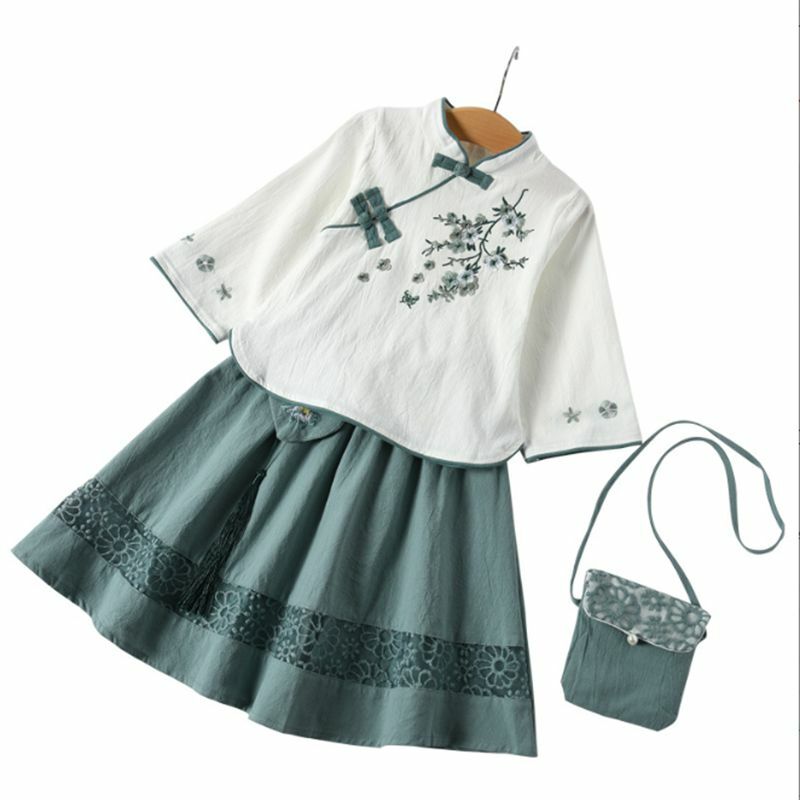 Hanfu-vestido de primavera y verano para niñas, conjunto de vestido de princesa con estampado Floral de 3 a 12 años, novedad