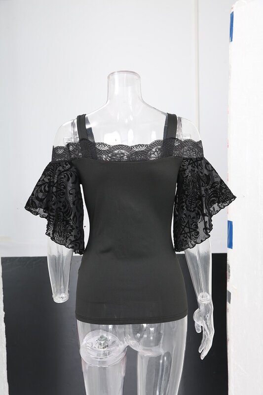 ROSEGAL Plus Size Women's Tops Gothic Floral Pentagram Mesh Flocking Lace Up T-Shirts New Arrived Butterfly Sleeve Tees