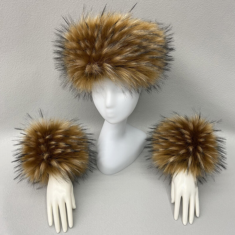 Le donne soffici anello sciarpe polsini pelliccia sintetica procione staccabile manica di pelliccia inverno di lusso caldo pelliccia di volpe sciarpa polsini guanti Set