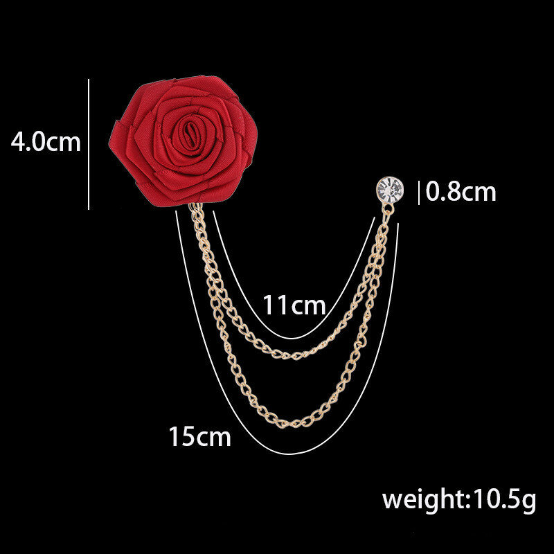 Oblubieniec broszki ślubne tkanina ręcznie robiona róża broszka z kwiatem przypinka do klapy łańcuszek z frędzlami męska garnitur akcesoria Boutonniere