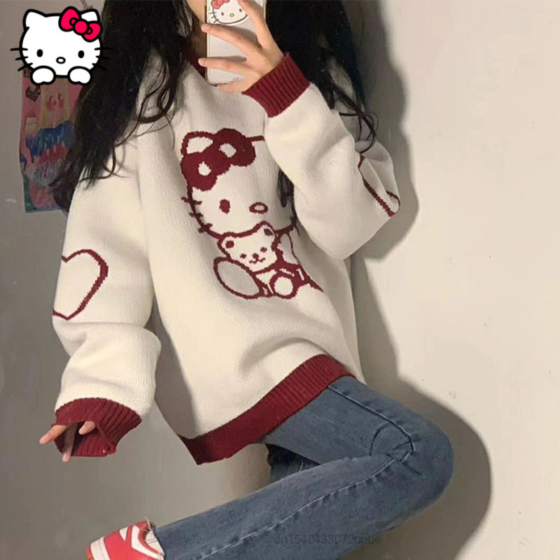 Sanrio Female Autumn Wear Hello Kitty O-Neck Pullovers Loose Color Sweater Top Korean Sweater Women Fashion Long Sleeve Sweater