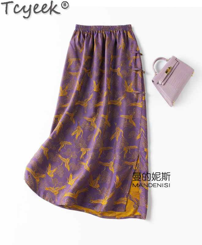 Tcyeek 50% Mulberry Silk Skirts for Woman Elegant Women's Skirts Spring Summer Split Skirt Vinatge Clothing Faldas Para Mujeres