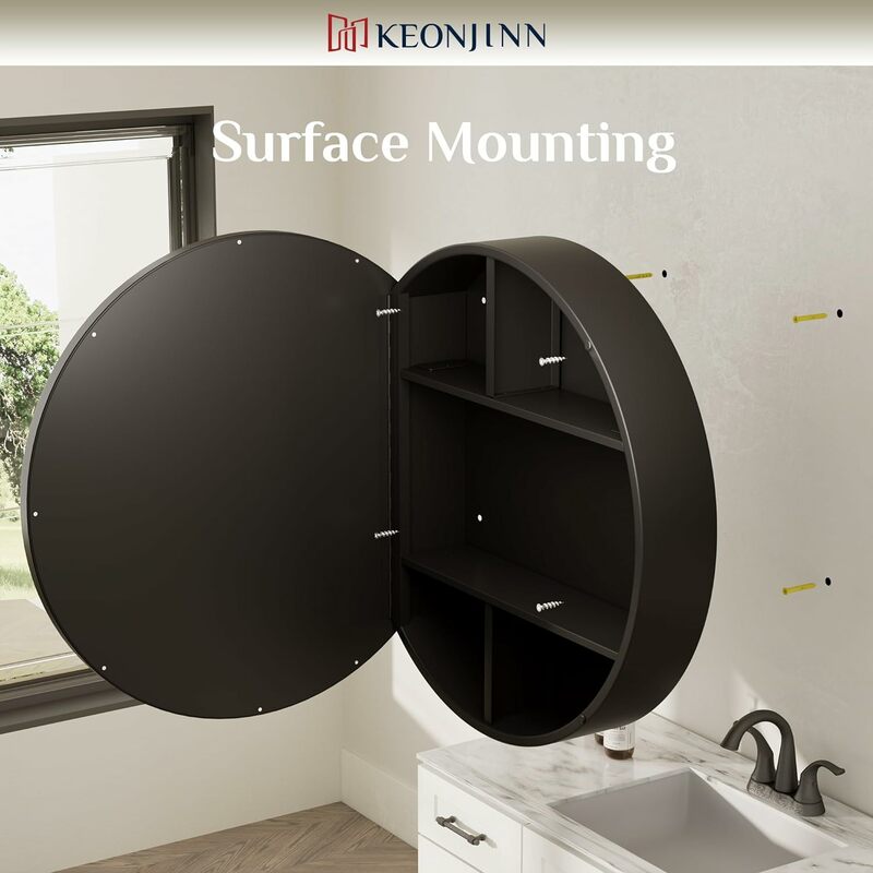 Keonjinn 26 w okrągłym czarnym szafka na leki do łazienki z lustrem, montaż powierzchniowy szafka na leki z metalową ramą, dom wiejski