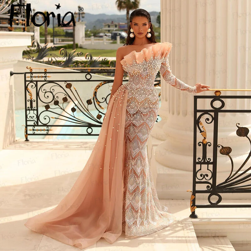 Floria gaun malam mutiara manik-manik elegan seksi untuk wanita pesta 2024 dibuat sesuai pesanan Formal gaun Prom jubah MALAM MAKAN MALAM