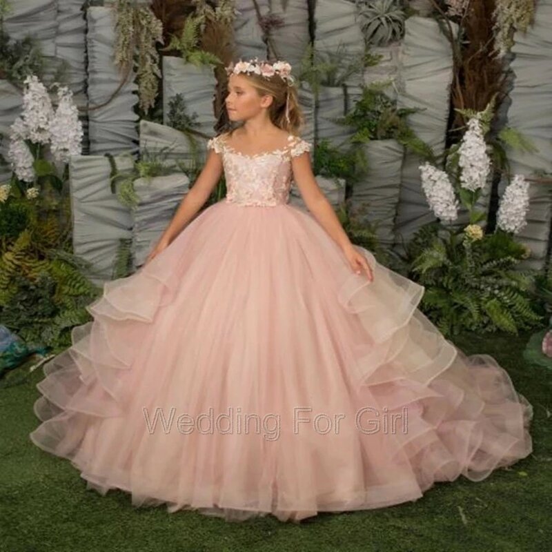 Rosa abgestufte Blumen mädchen Kleid Blumen spitze Applikation Kinder Hochzeits feier Kleider neue Kinder Kleidung Prinzessin Erstkommunion Kleider