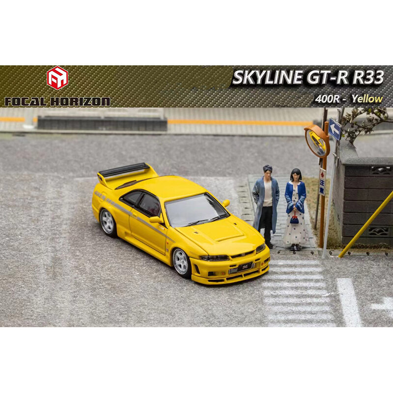 Jouets miniatures de collection de modèles de voitures, FH 1:64 Skyline GTR R33 400R, jaune, capot ouvert, Diorama moulé sous pression, Focal restrictif