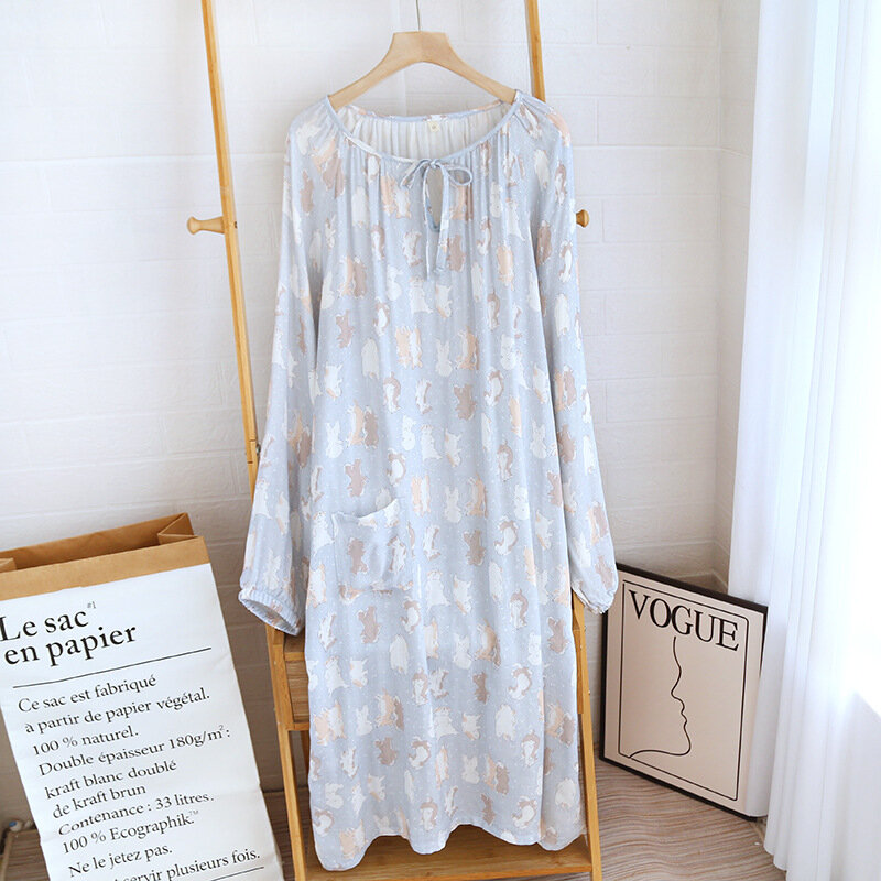 Летняя ночная рубашка из бамбукового волокна, свободная и удобная дышащая ночная рубашка с длинными рукавами, мультяшная Свободная Домашняя одежда