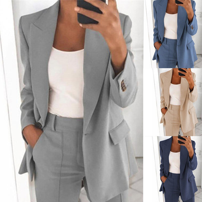 Blazers elegantes com lapela feminina, casaco justo de negócios, cardigã de manga comprida, temperamento solto, casual e moda de rua, 2023
