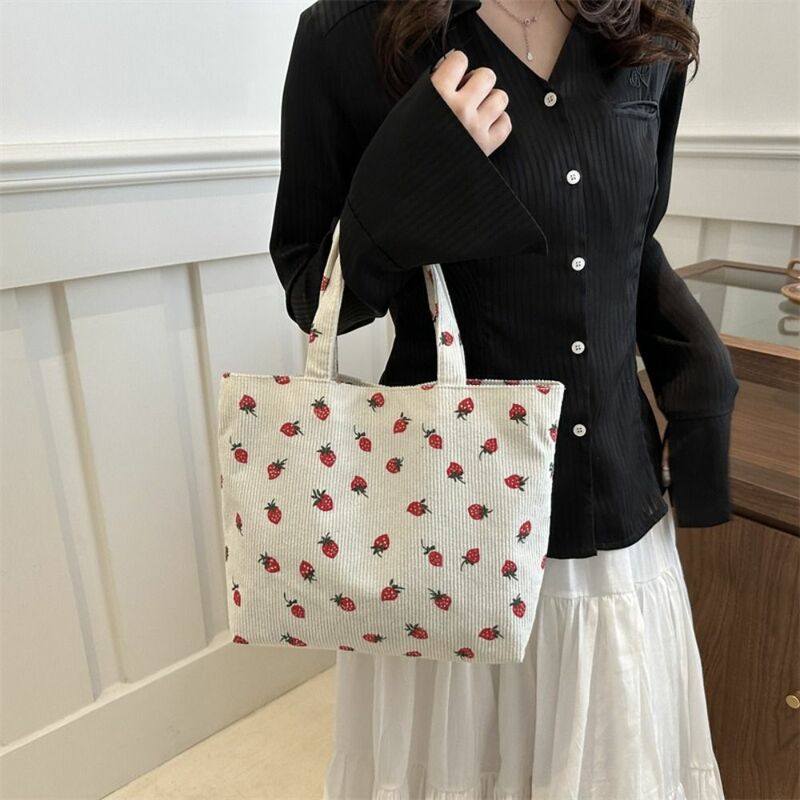 딸기 프린트 여성용 코듀로이 숄더백, 대용량 쇼핑백, 단색 핸드백 토트백, 신상