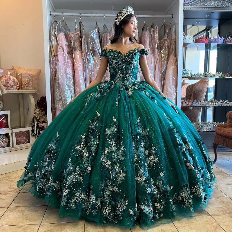 Emerald Green Off The Shoulder Quinceanera Dresses Ball Gown Sleeveless Floral Appliques Lace Handmade Flowers Sweet 15 Party