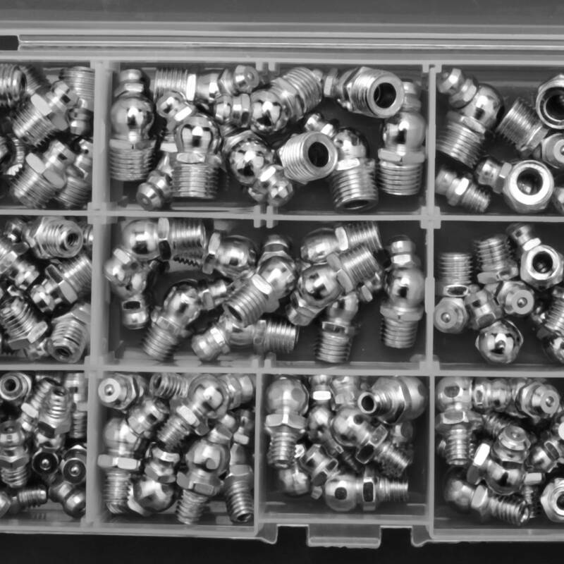 Kit assortimento di raccordi per ingrassatori Zerk in acciaio da 115 pezzi, dritto, 90 gradi, angolato a 45 gradi (M6,M8,M10)