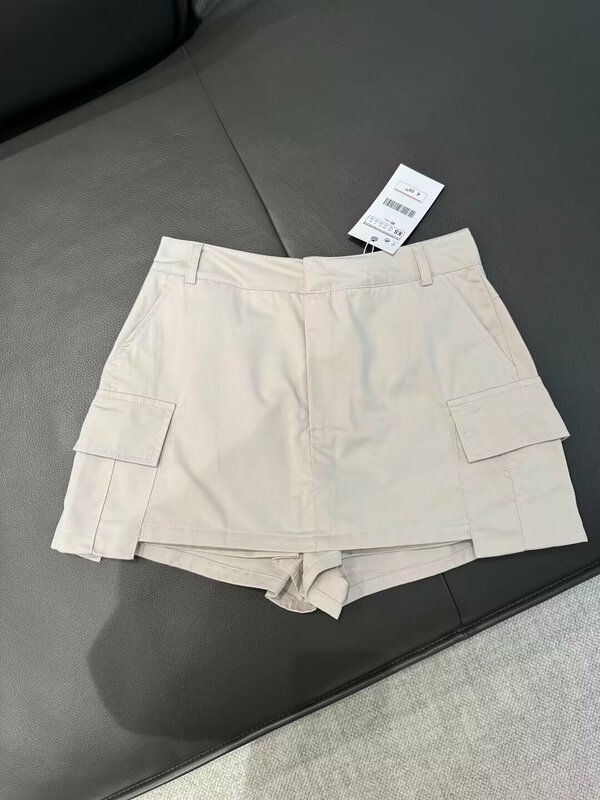 Shorts slim fit versátil feminino saias com decoração de bolso flip, zíper médio cintura, retrô, nova moda, verão
