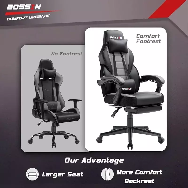 BOSSIN-كرسي الألعاب مع تدليك ، مريح ، تصميم ثقيل ، مسند قدم ودعم أسفل الظهر ، وسادة كبيرة الحجم ، ظهر مرتفع