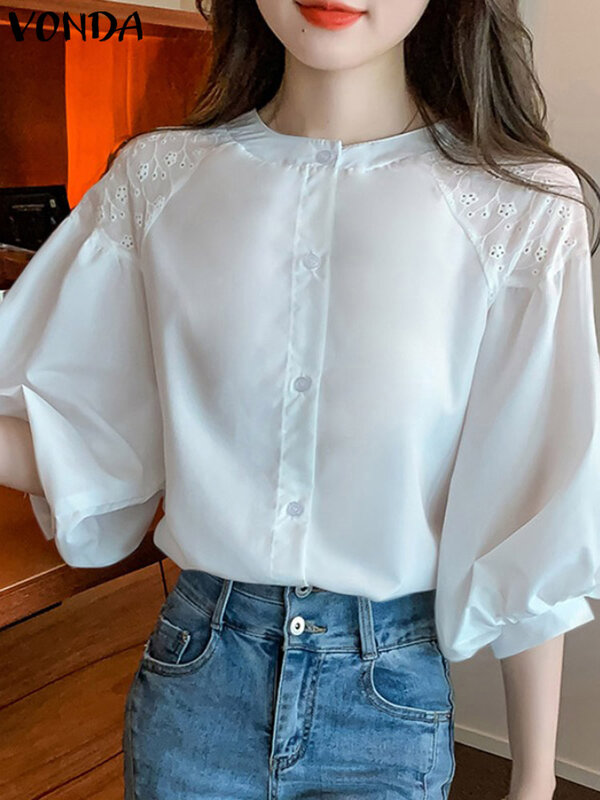 VONDA-Blusa feminina de manga curta, camisas casuais com cores sólidas, tops elegantes de senhora do escritório, moda, verão e primavera, 2022