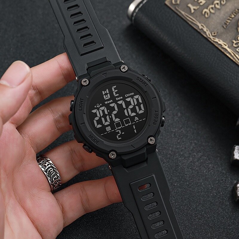 Jam tangan elektronik pria, arloji militer olahraga Chronograph bercahaya kasual tahan air