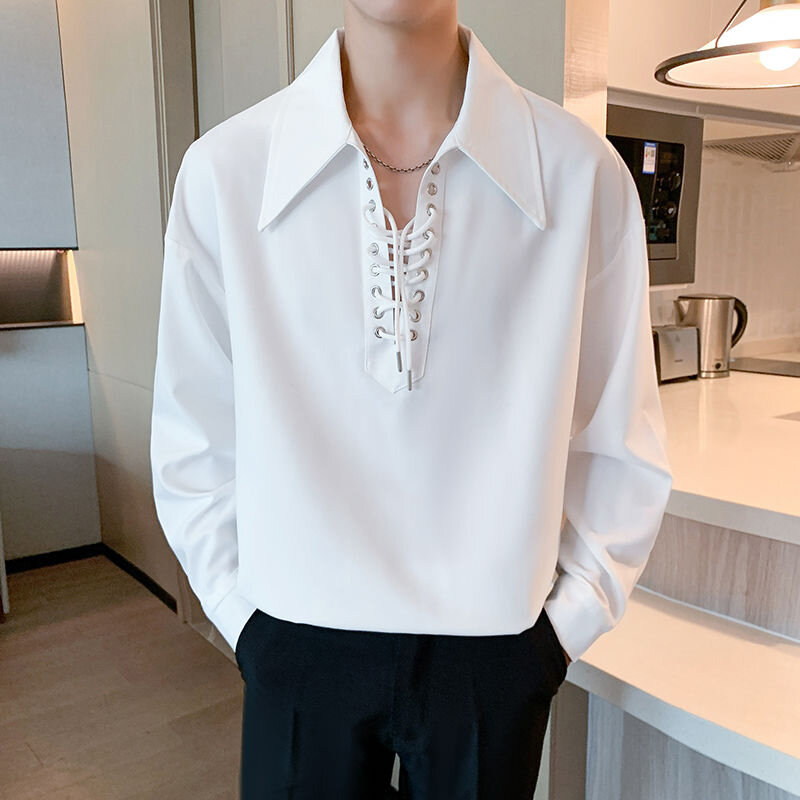 Strap Design V Neck Men Long Sleeve T Shirts Korean Fashion Casual Harajuku Punk Oversized Tops Tee Black White Office Interview
