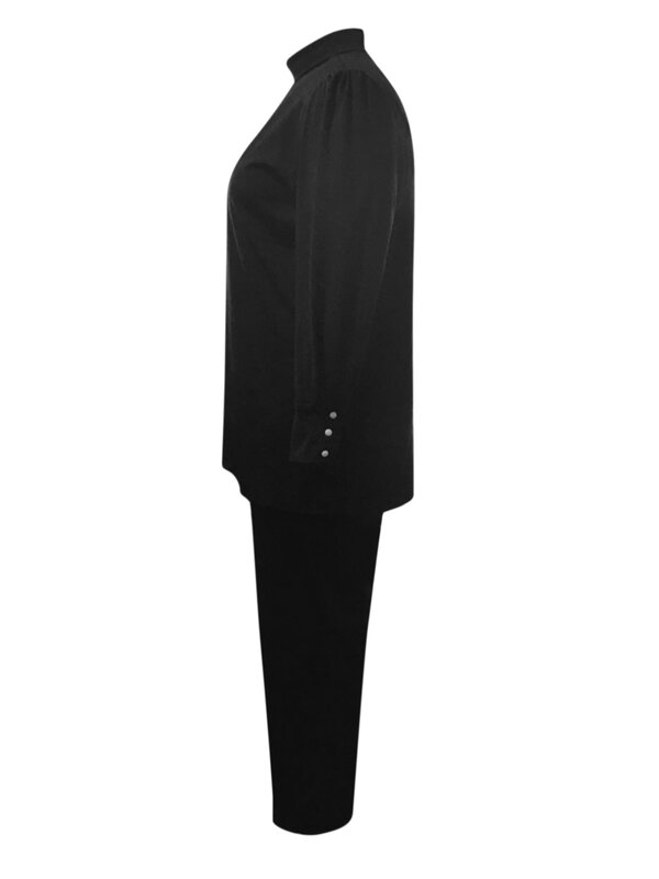 LW-المرأة كم طويل الياقة المدورة تنحنح بلوزات مجموعة وسراويل ، ملابس عادية أنيقة ، حجم كبير ، زر الصلبة ، 2 قطعة