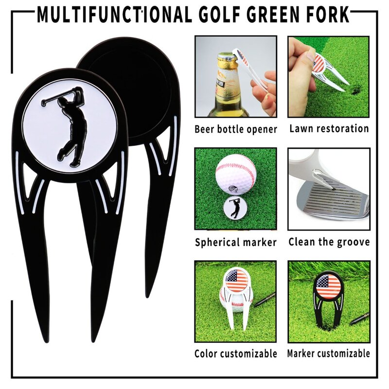Zielony widelec golfowy ze stopu cynku akcesoria do golfa przenośny wielofunkcyjny Marker piłka golfowa 4 w 1 magnetyczny widelec golfowy