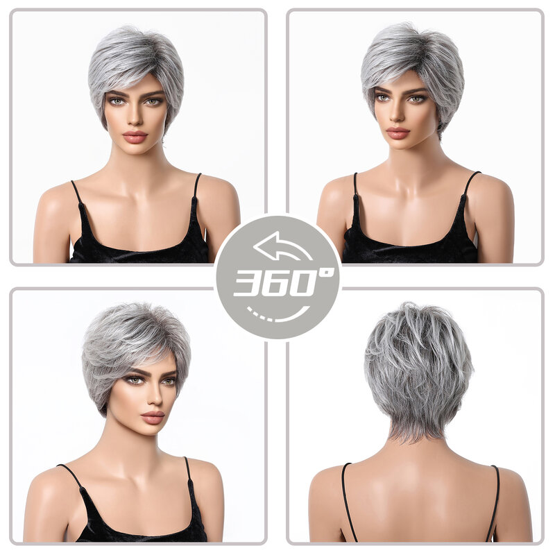 EASIHAIR-Peluca de cabello sintético para mujer, Pelo Corto con flequillo, corte Pixie gris, mezclado con cabello humano, fiesta diaria