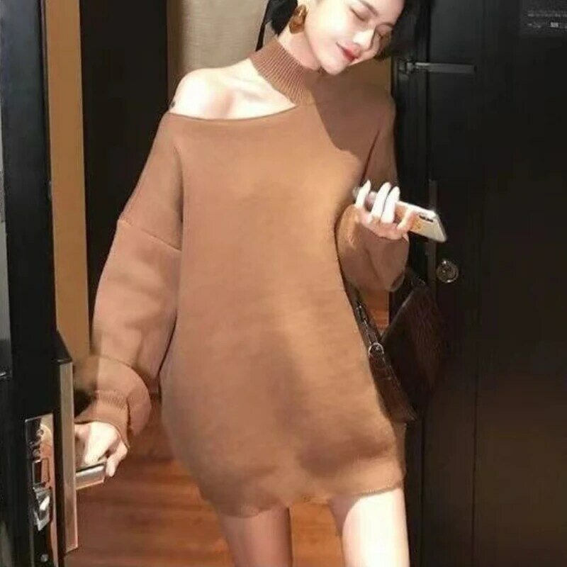 Sweter wanita pullover seksi tidak biasa bahu terbuka estetika gaya malas musim gugur Solid Harajuku Semua cocok wanita Streetwear longgar