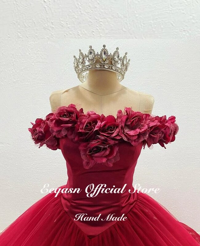 Vermelho escuro doce 16 quinceanera vestido de baile luxo flores artesanais princesa vestidos festa 15 años