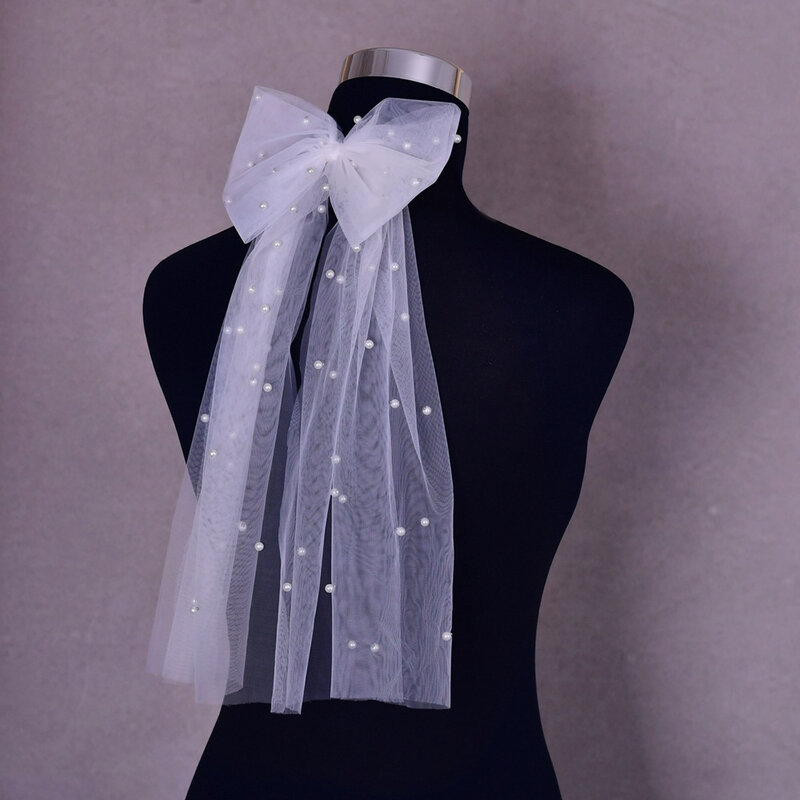 Elegante copricapo da sposa in rete bianca copricapo imitazione fiocco di perle velo corto decorazione per la testa posteriore accessori per capelli