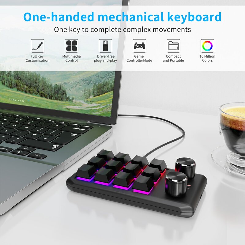 Macro personalizado 2 Knob teclado Bluetooth, RGB 12 Key Copy Paste, Mini Button Gaming Keypad, Mecânica Hotswap Macropad, Programação