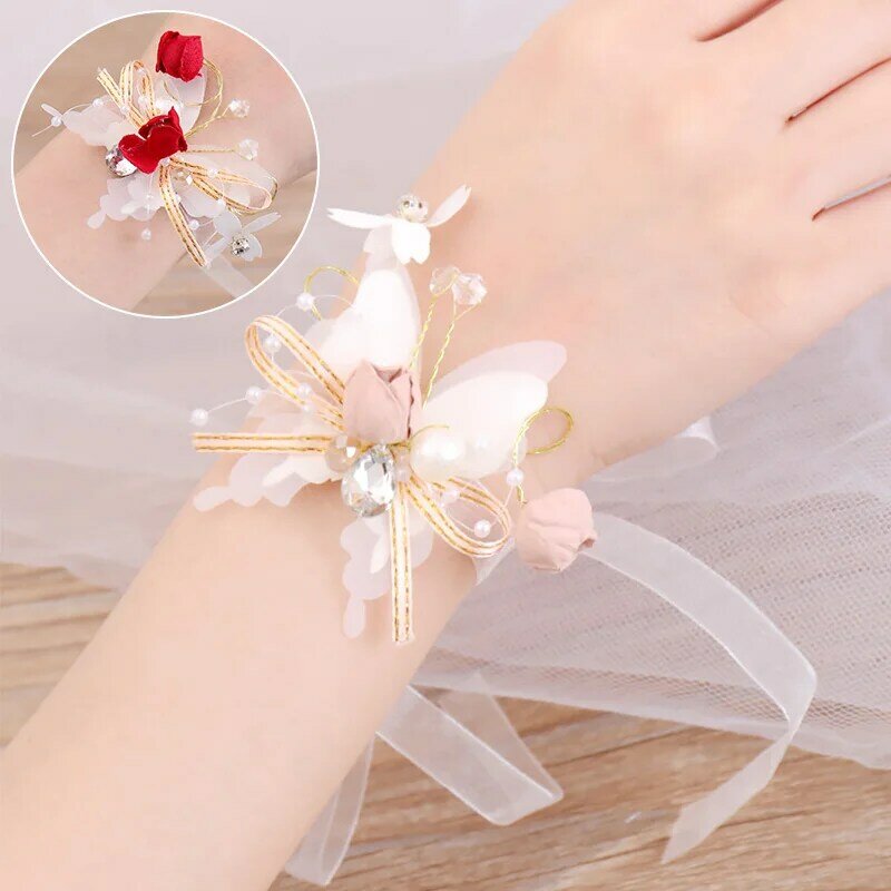 Bridesmaid Wrist Flowers Pearl Wrist Corsage Beautiful Hand Flower Wedding Bracelet Hand Flowers Party Prom Wedding Supplies