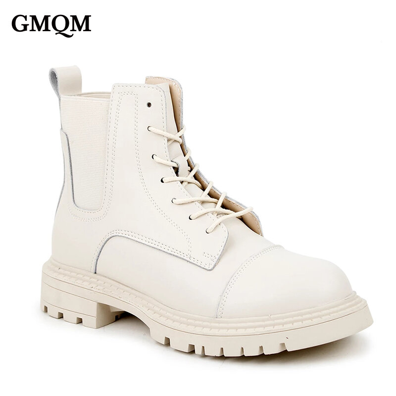 Marka GMQM modne damskie botki prawdziwa skóra nowa Casual gruba podeszwa krótkie buty gumka sznurowana brytyjski styl