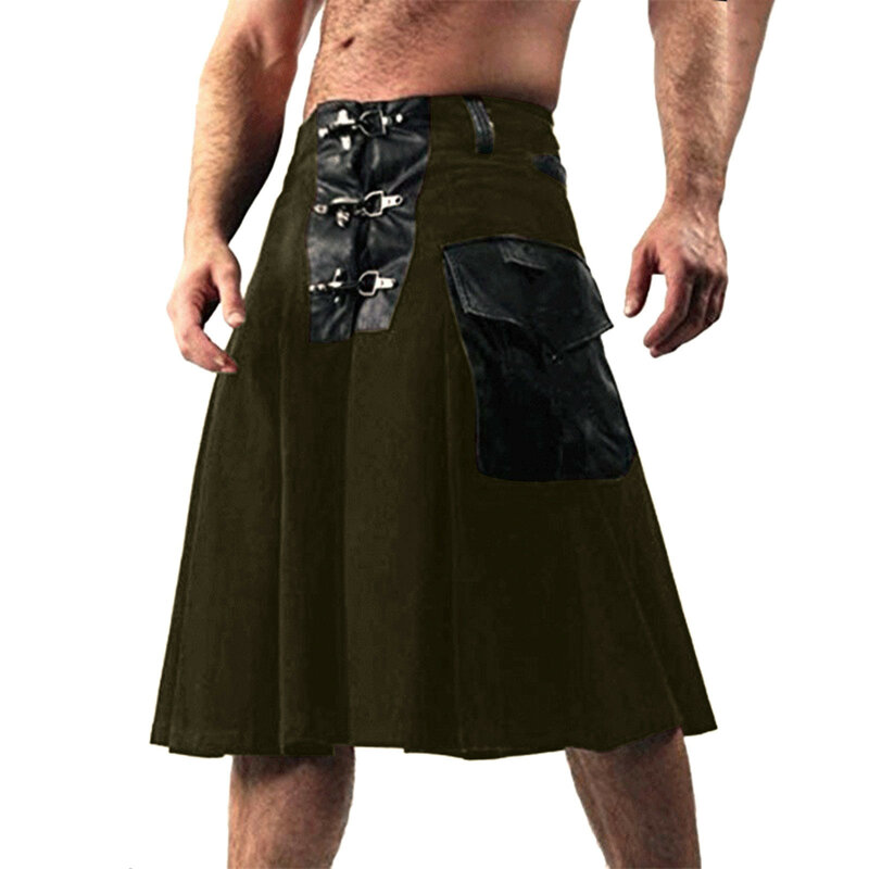 Mens Fashion Casual Scottish Style Solid Pocket Decorate Pleated Skirt