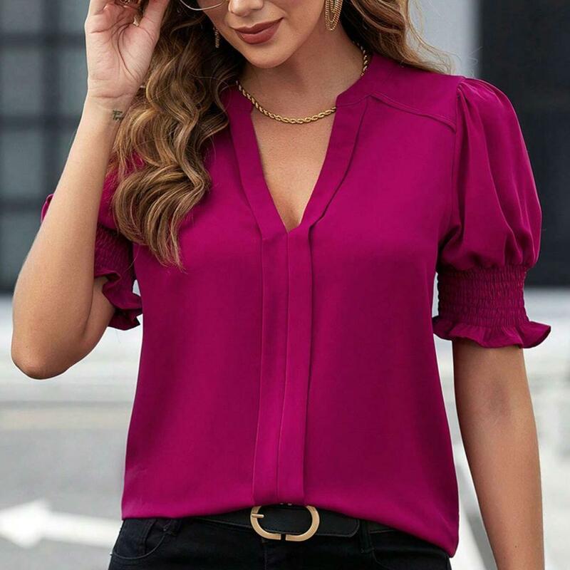 Blusa elegante con cuello en V para mujer, camisa de manga abullonada, blusa ajustada de Color sólido, ropa de calle informal para verano