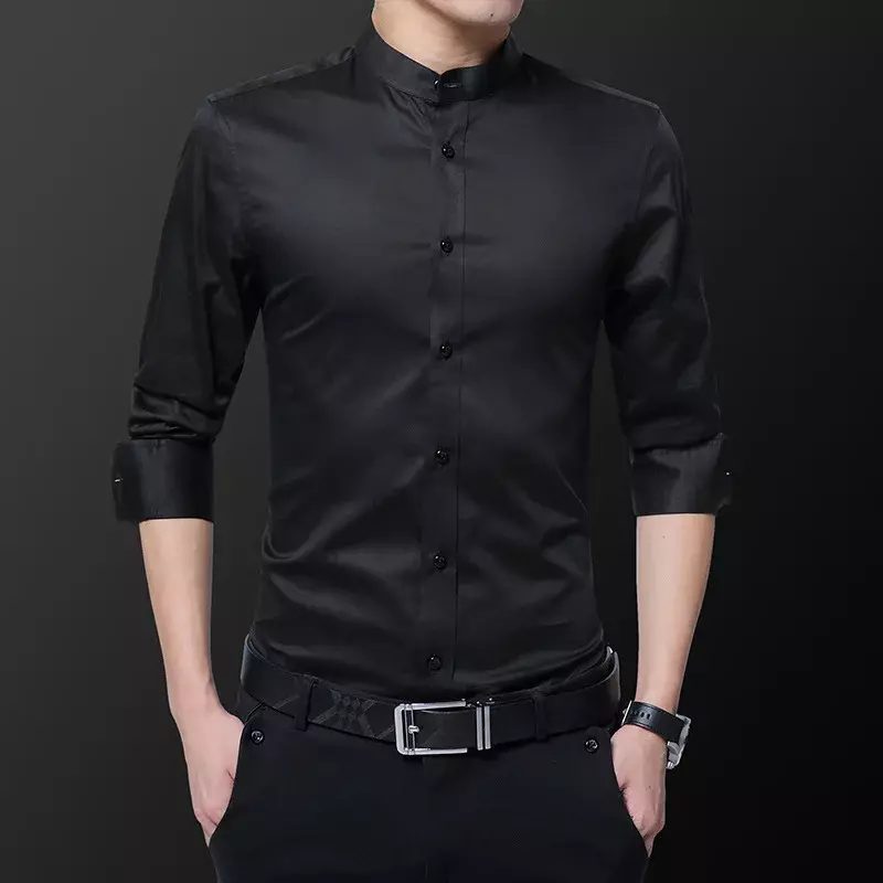 Корейские модные мужские рубашки, повседневные мужские деловые рубашки с воротником-стойкой, мужские рубашки с длинным рукавом, приталенная мужская одежда