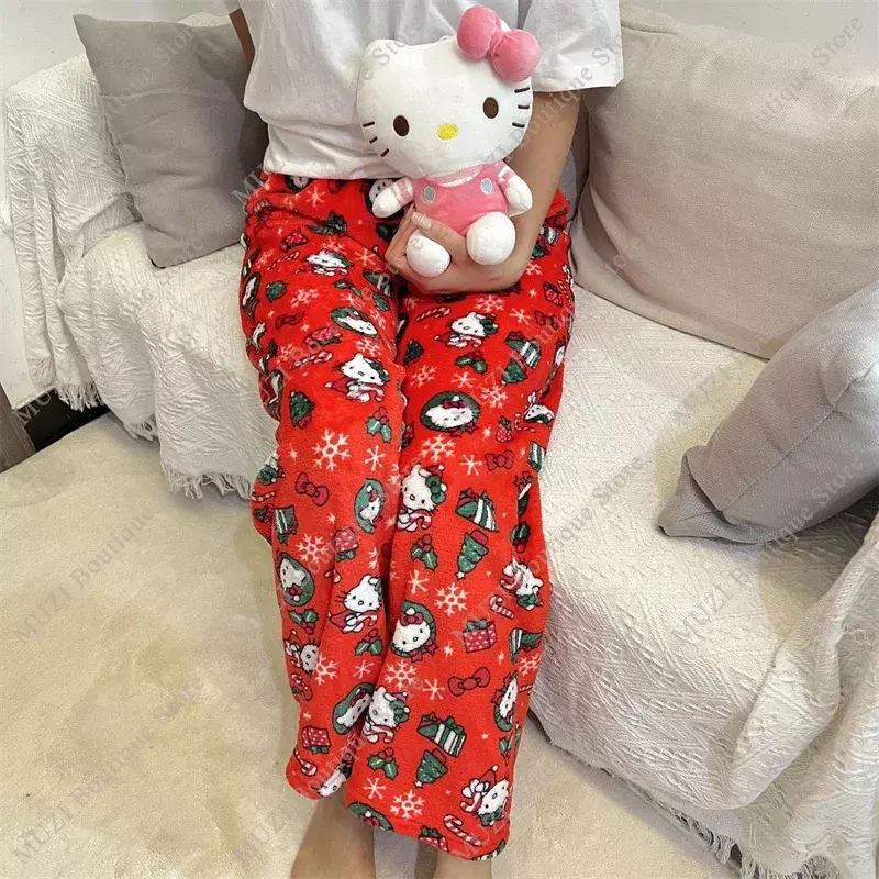 Sanrio-Hello Kitty Cartoon pijama calças para mulheres, tecido macio, calças quentes, meninas bonitos, moda em casa, presentes de Natal