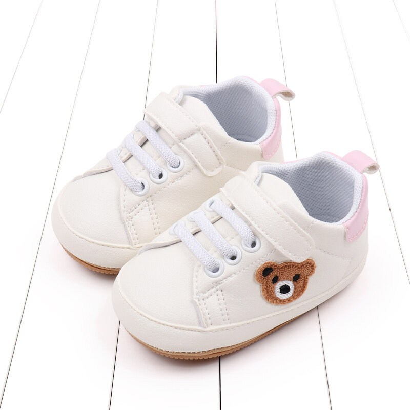 Zapatos con estampado de oso para bebés, calzado informal con suela de goma, antideslizante, color blanco, de 0 a 12 meses