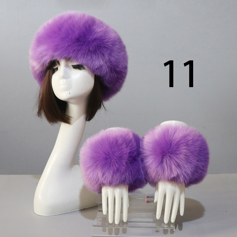 3PC Russian Warm Plush Fur Cap + Clothing Cuffs Wrist Sleeve Gloves Women Winter Faux Fur Headband Hats Cuffs Set Fluffy Fur Cap