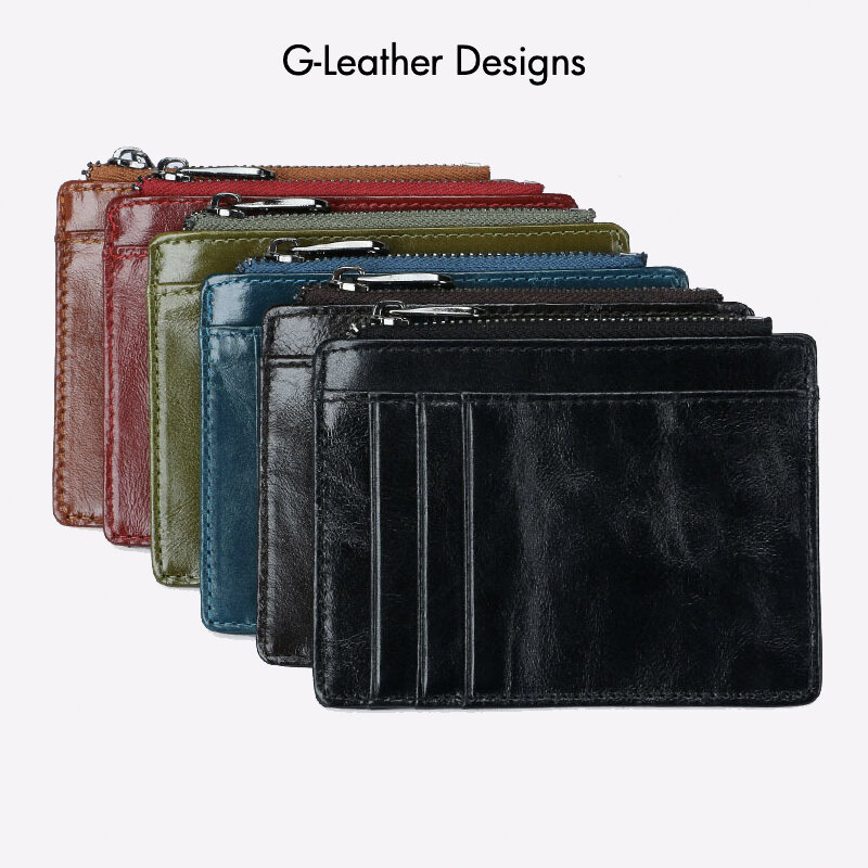 Vintage Genuine Leather Card Holder RFID Protect Slim Vertical with Black Zipper Cow Leather Card Wallet
