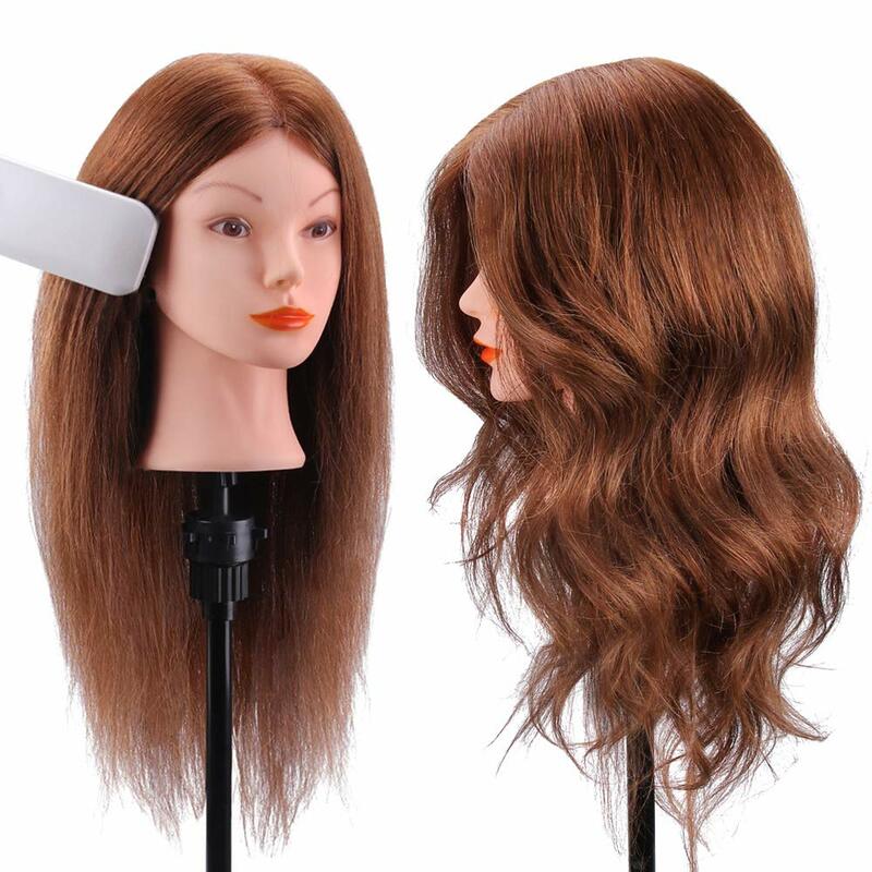 100%Real Hair Doll Head For Curling Straightening Dyeing Braiding Hairdressing Dark Brown Mannequin Head Training Head Kit