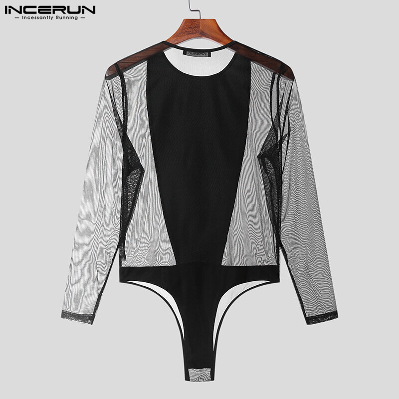 INCERUN-Homens ver-através de malha fina patchwork macacão, bodysuits de manga comprida sólida, Homewear Casual, macacões bonito, S-5XL, 2023