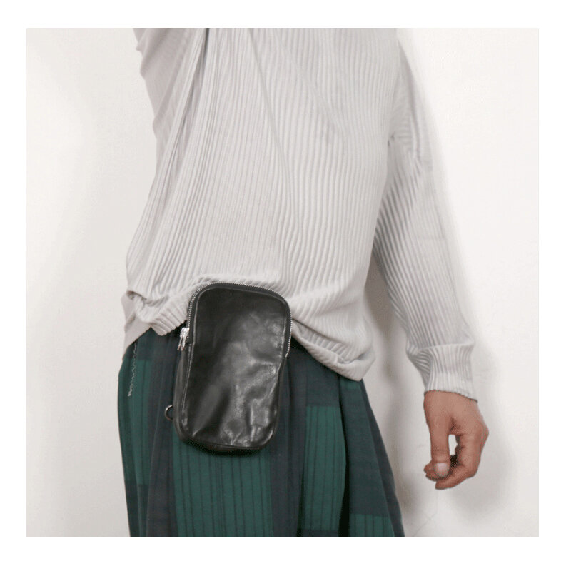 Nova moda masculina mini bolsa de couro genuíno pele carneiro pequena cintura sacos unissex mensageiro ombro saco de armazenamento telefone peito