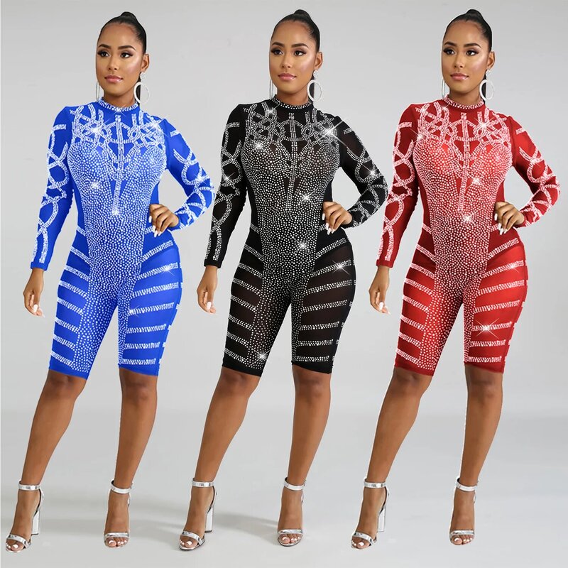 Women's Sexy Sequined Mesh Rhinestone Hollowed See-through Tight Bodycon Jumpsuit Long-Sleeved Zipper V neck for Clubwear Party