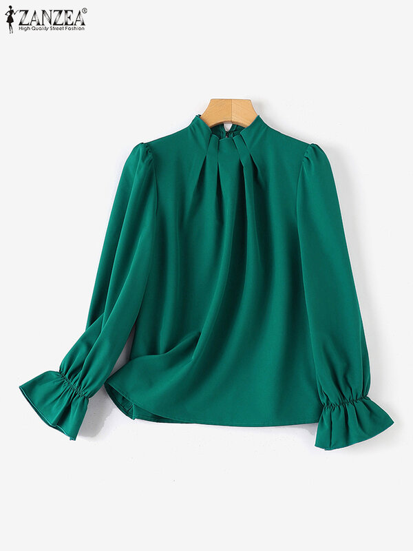 Блузка ZANZEA женская с пышными рукавами, Модный повседневный Свободный Топ, Однотонная рубашка с воротником-стойкой, элегантная офисная сорочка, осень