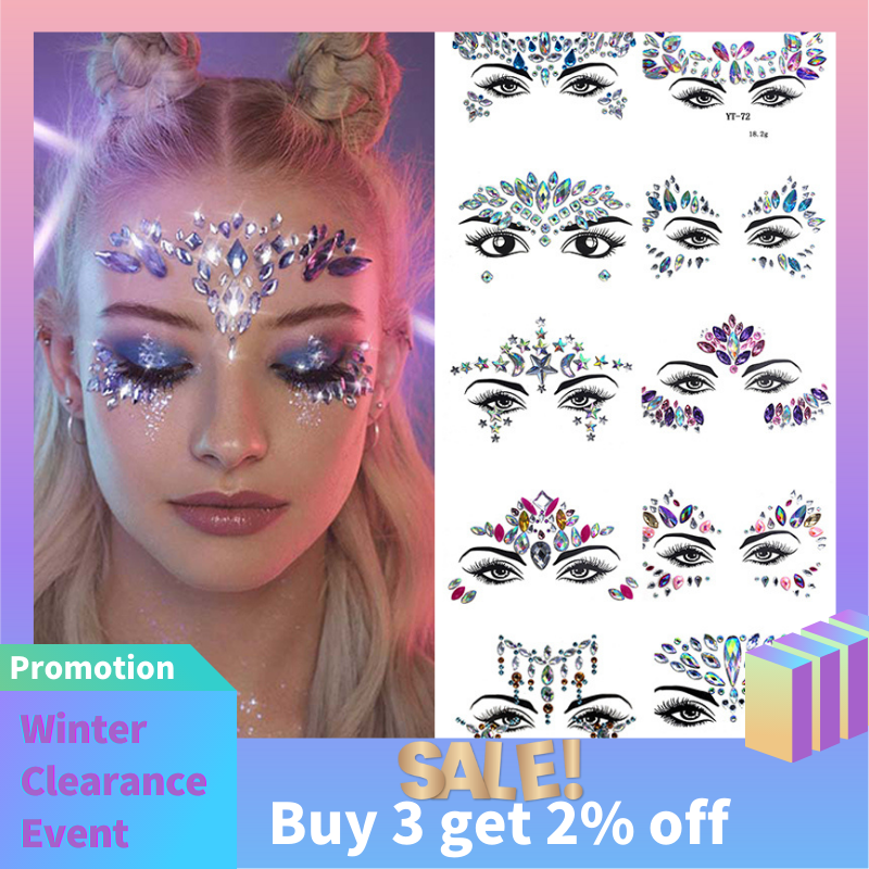 Stiker Tato Wajah Seksi 3D Tato Sementara Glitter Berlian Imitasi Tato Palsu untuk Pesta Wanita Perhiasan Wajah Tatoo Dekorasi Wajah