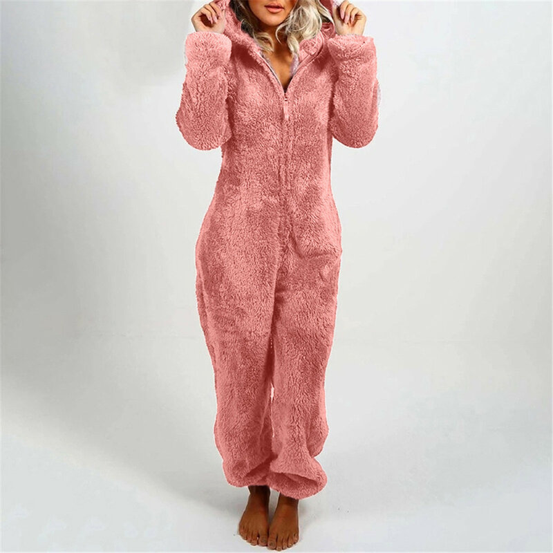 Damski pluszowy Romper jesienno-zimowy flanelowa piżama z długim rękawem na szyję czapka z zamkiem i ciepłe damskie odzież nocna odzież domowa