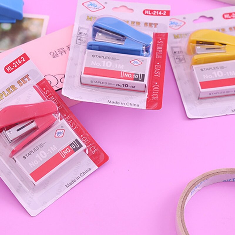 Kit Stapler Mini, Stapler portabel, aksesori perlengkapan kantor untuk anak-anak, siswa, penghilang pin staples bawaan