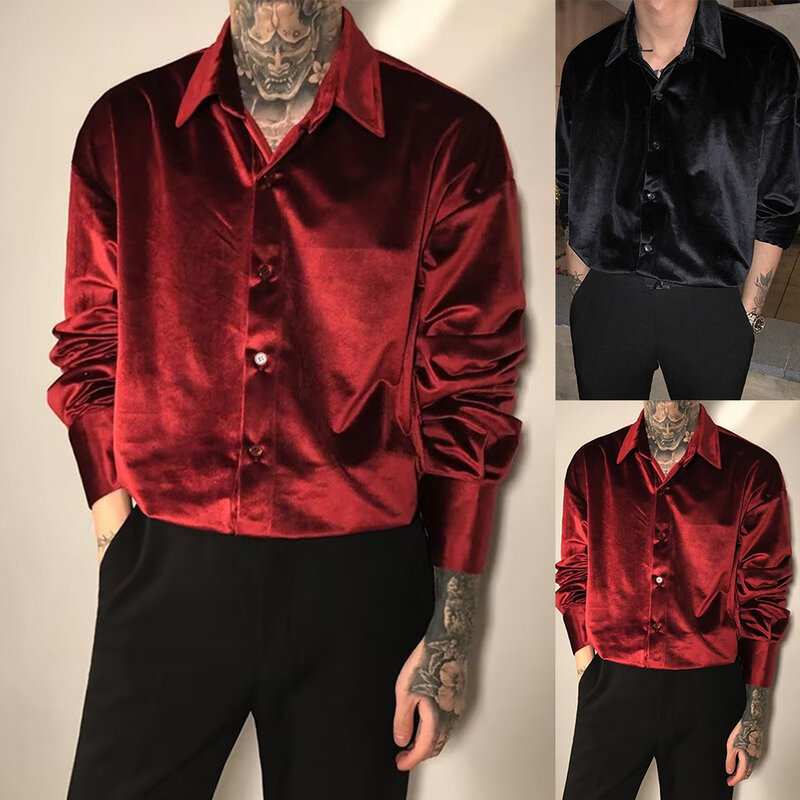 Blusa de manga comprida de veludo de inspiração vintage masculina, camisa de botão, colarinho banda, vinho preto vermelho, ajuste solto, vestido para festas